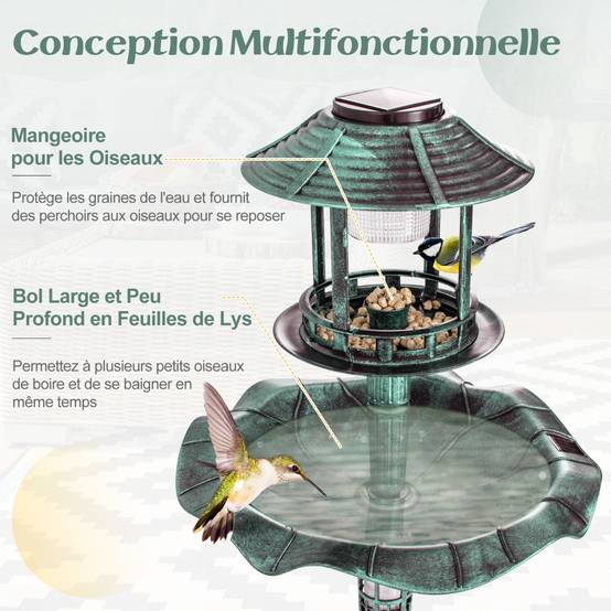 Bain d'Oiseaux Énergie Solaire Décoration d'Extérieur sur Pied Rétro Éclairé avec 2 Lampes Mangeoire Abreuvoir - Image 8