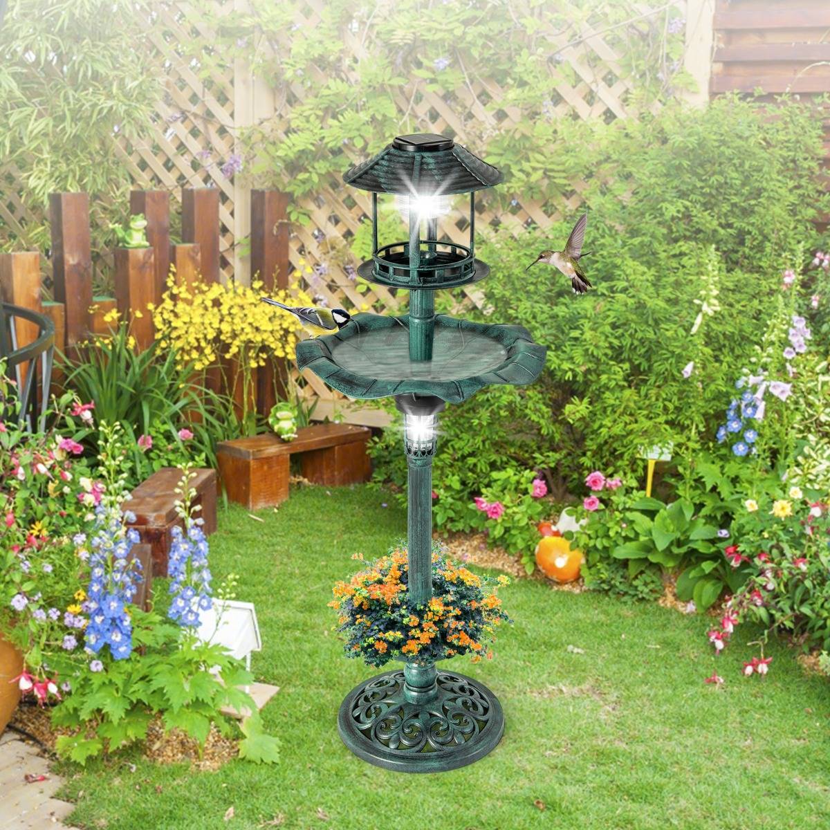 Bain d'Oiseaux Énergie Solaire Décoration d'Extérieur sur Pied Rétro Éclairé avec 2 Lampes Mangeoire Abreuvoir - Image 4