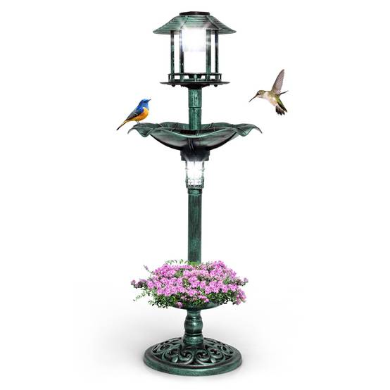 Bain d'Oiseaux Énergie Solaire Décoration d'Extérieur sur Pied Rétro Éclairé avec 2 Lampes Mangeoire Abreuvoir - Image 2