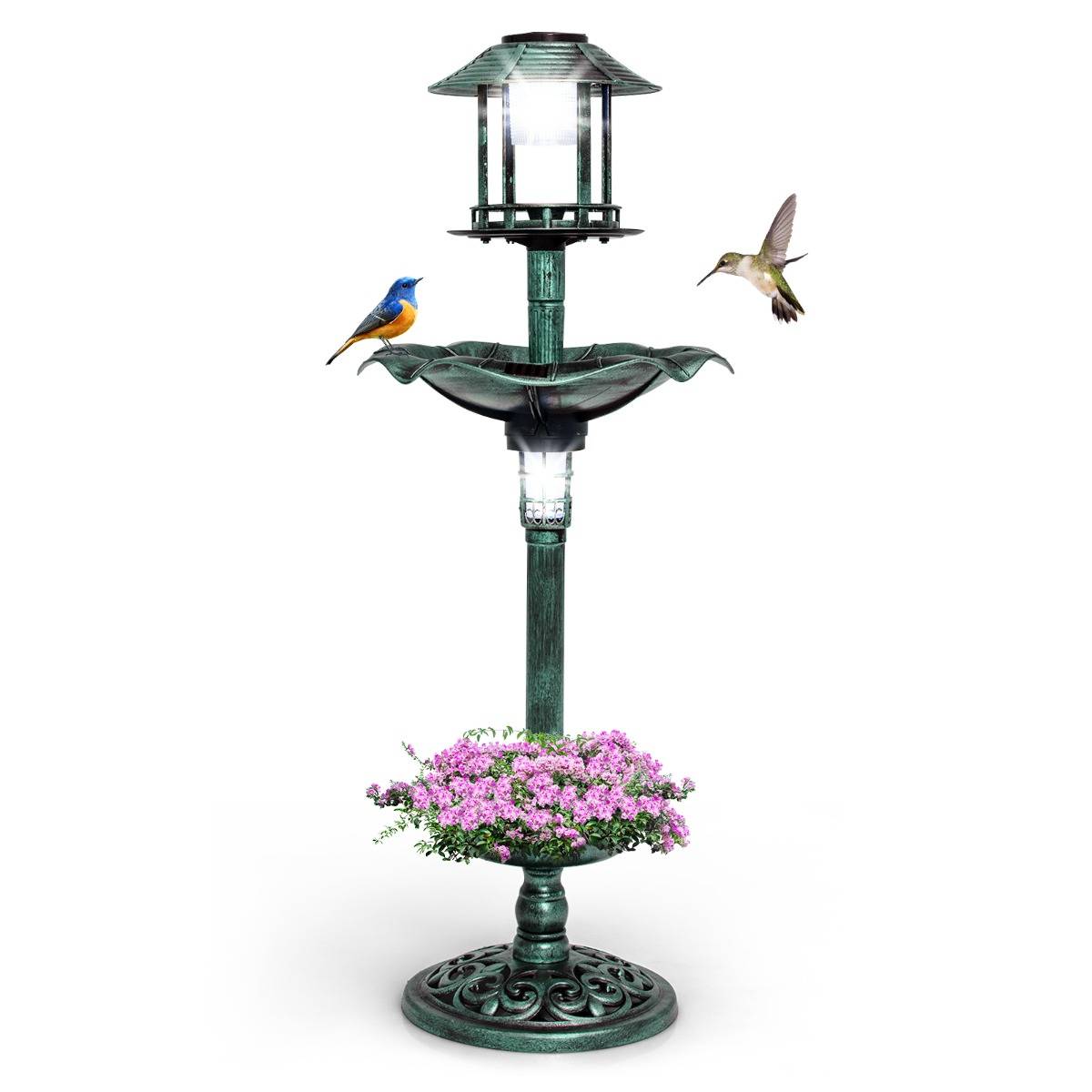 Bain d'Oiseaux Énergie Solaire Décoration d'Extérieur sur Pied Rétro Éclairé avec 2 Lampes Mangeoire Abreuvoir - Image 2