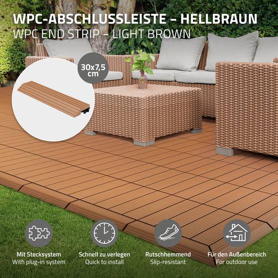 Bordure de finition angle droit 38x2x7,5cm Brun clair Plinthe d'angle striée aspect de bois drainage et structure de support système d'encliquetage - Image 2