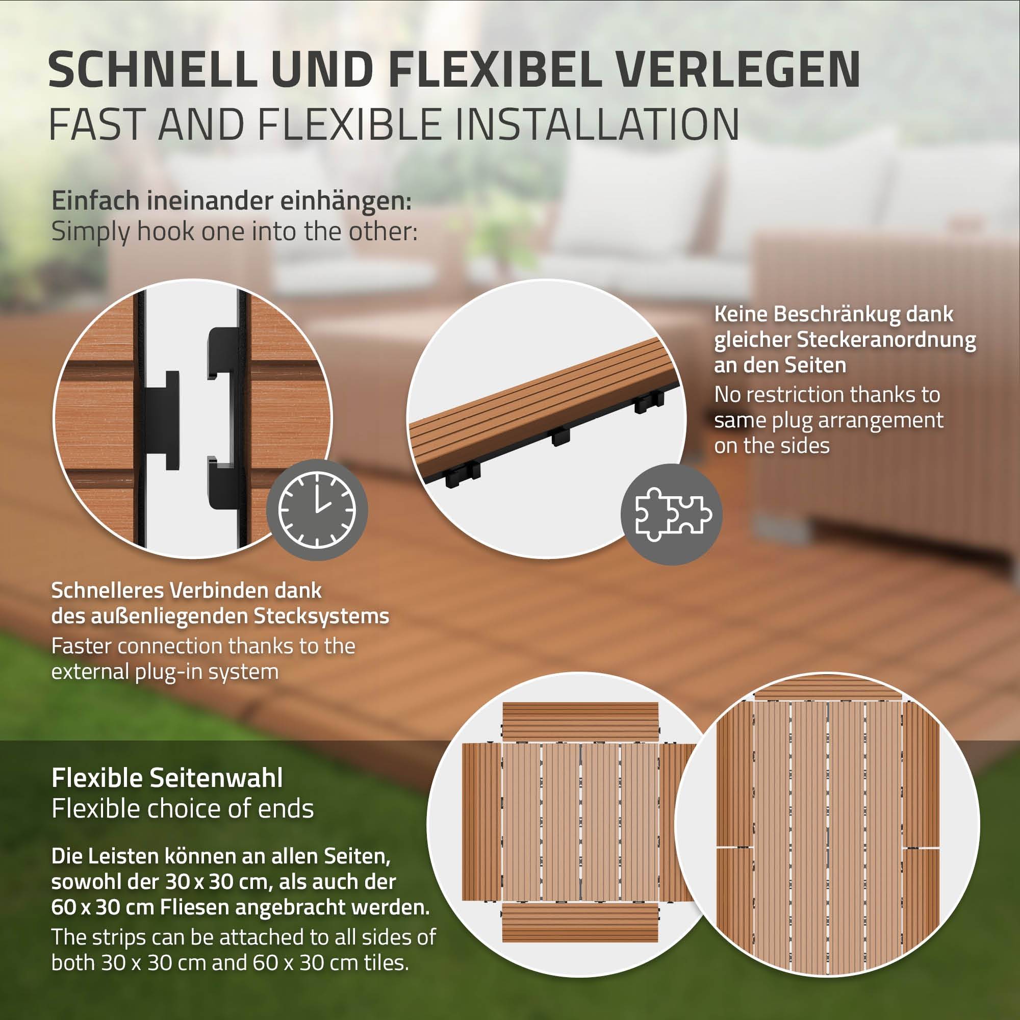 Bordure de finition angle droit 38x2x7,5cm Brun clair Plinthe d'angle striée aspect de bois drainage et structure de support système d'encliquetage - Image 5