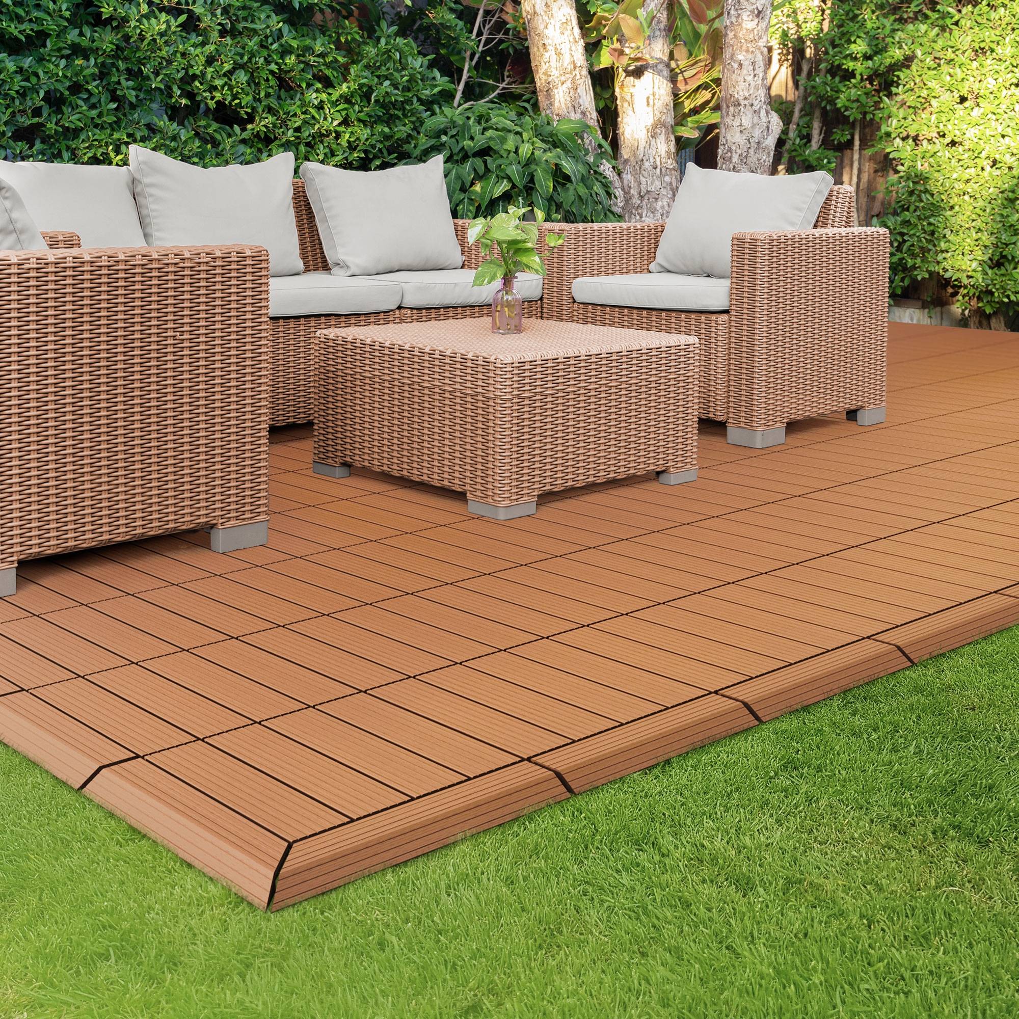 Bordure de finition angle droit 38x2x7,5cm Brun clair Plinthe d'angle striée aspect de bois drainage et structure de support système d'encliquetage - Image 8