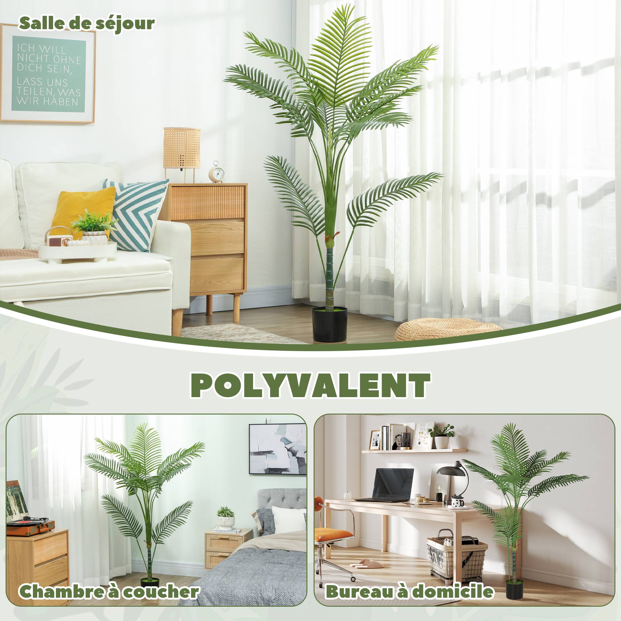 Plante artificielle intérieure 150 cm, palmier arbre artificiel avec pot en plastique et flocage, vert - Image 7