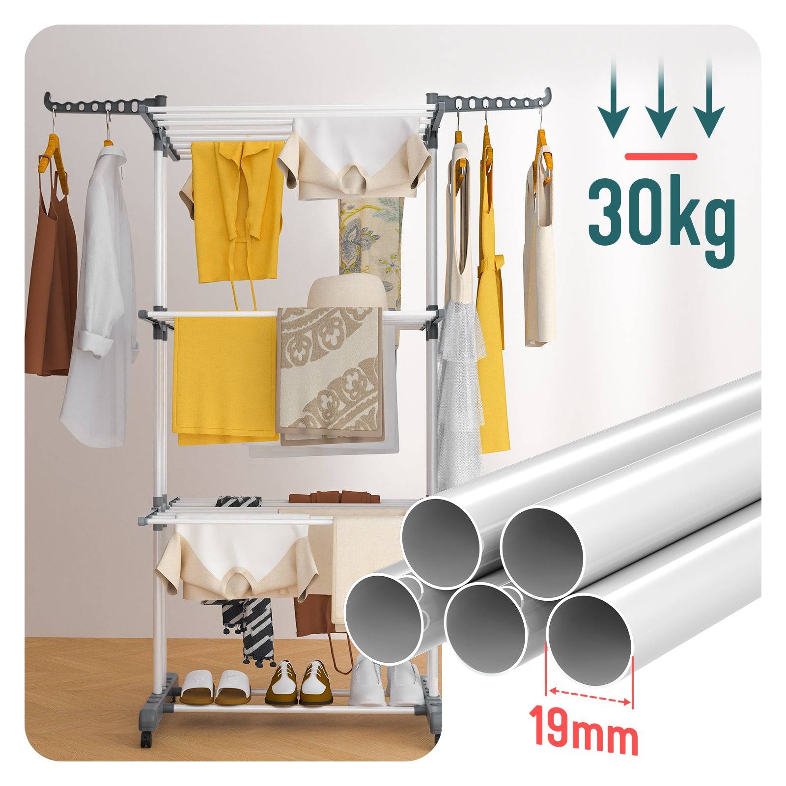 Vounot - Étendoir à linge pliable 126x63x170cm, Séchoir 4 niveaux grande capacité avec roulettes, Gris blanc, VOUNOT® - Image 7