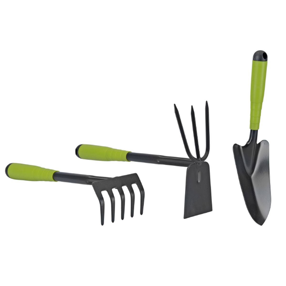 Kit 3 outils de jardin Acier renforcé Manche plastique Serfouette Transplantoir Rateau ITOOLS - Imagen 1