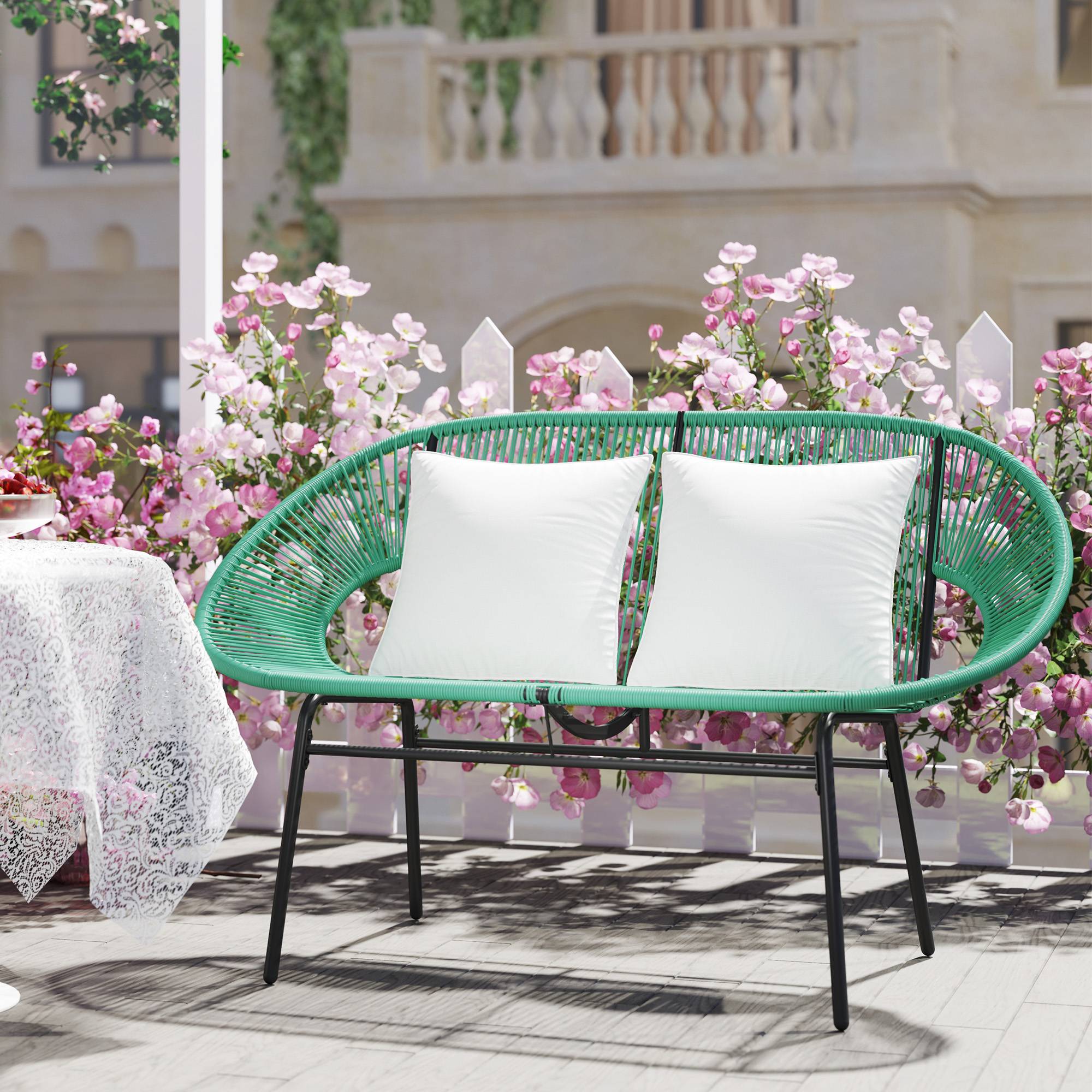 Banc de jardin 2 places cordage résine balcon détente coussins inclus vert foncé - ComfortXL Outdoor Living - Image 9