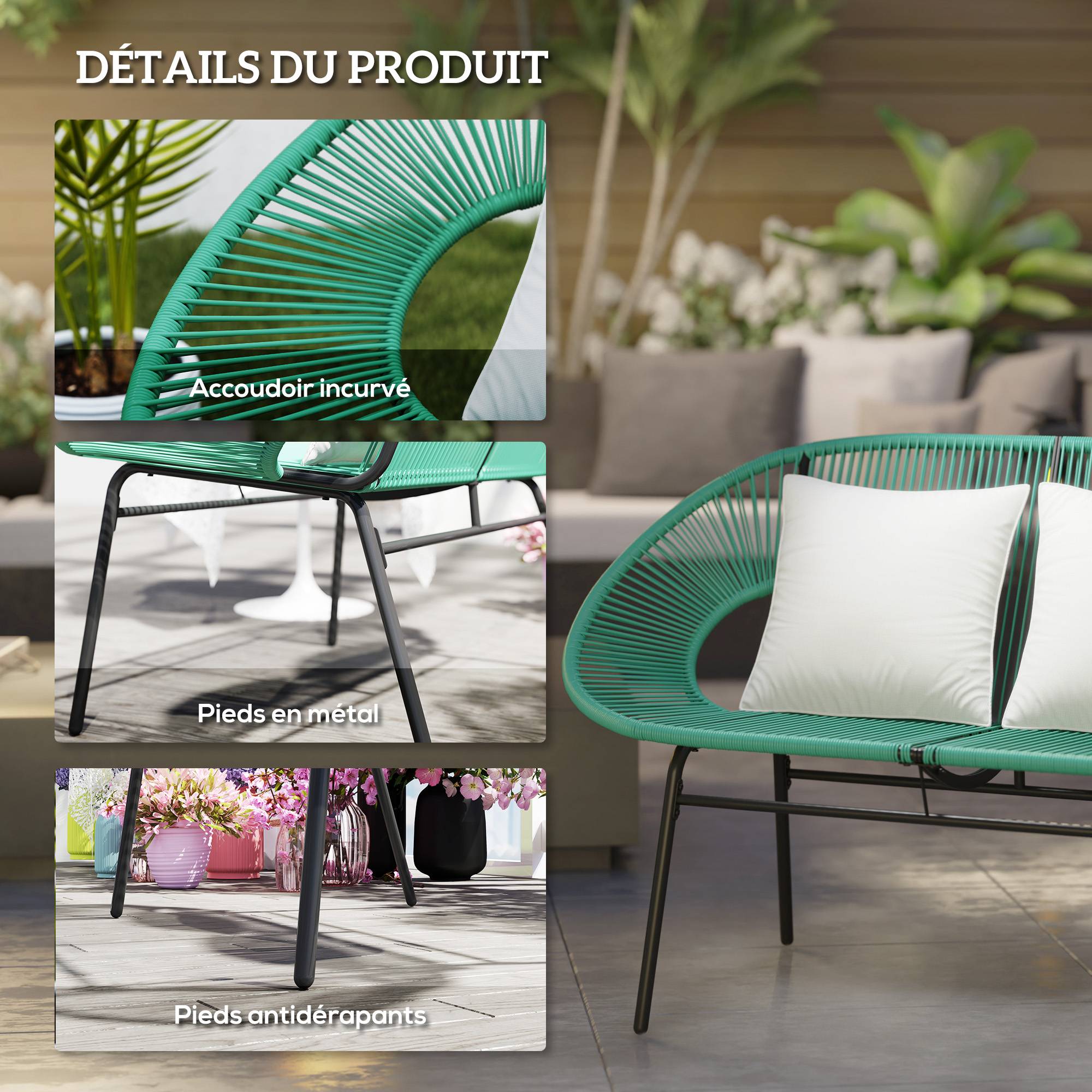 Banc de jardin 2 places cordage résine balcon détente coussins inclus vert foncé - ComfortXL Outdoor Living - Image 8