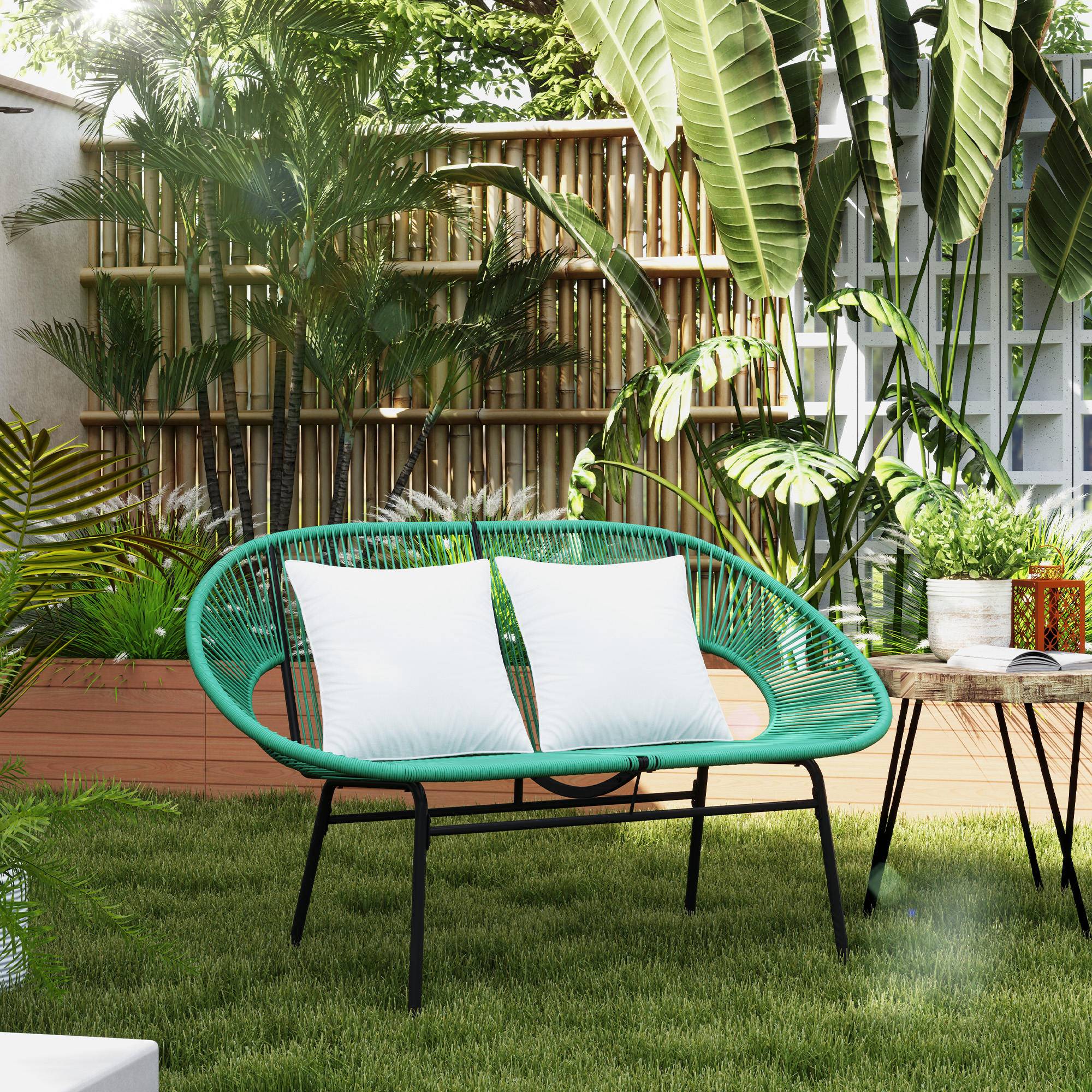 Banc de jardin 2 places cordage résine balcon détente coussins inclus vert foncé - ComfortXL Outdoor Living - Image 3