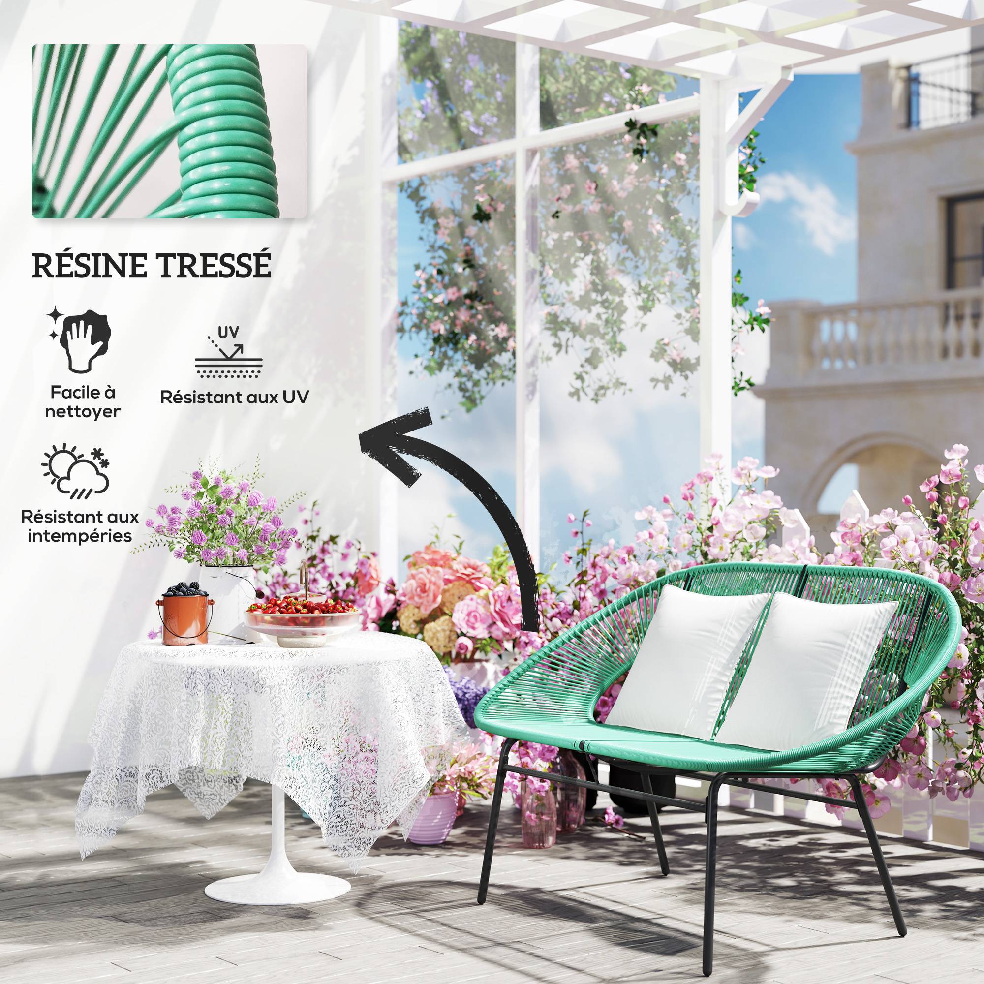 Banc de jardin 2 places cordage résine balcon détente coussins inclus vert foncé - ComfortXL Outdoor Living - Image 7