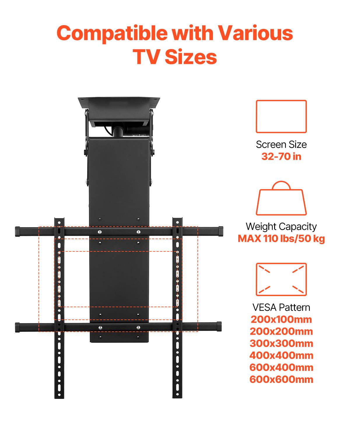 VEVOR Support TV plafond motorisé 32-70'', réglable électriquement, charge 50kg, VESA 600x600mm. - Image 3