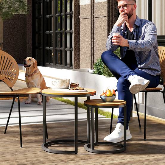Lot de 2 tables d'appoint gigognes extérieur acier et bois d'acacia 46cm teck - ComfortXL Outdoor Living - Image 3