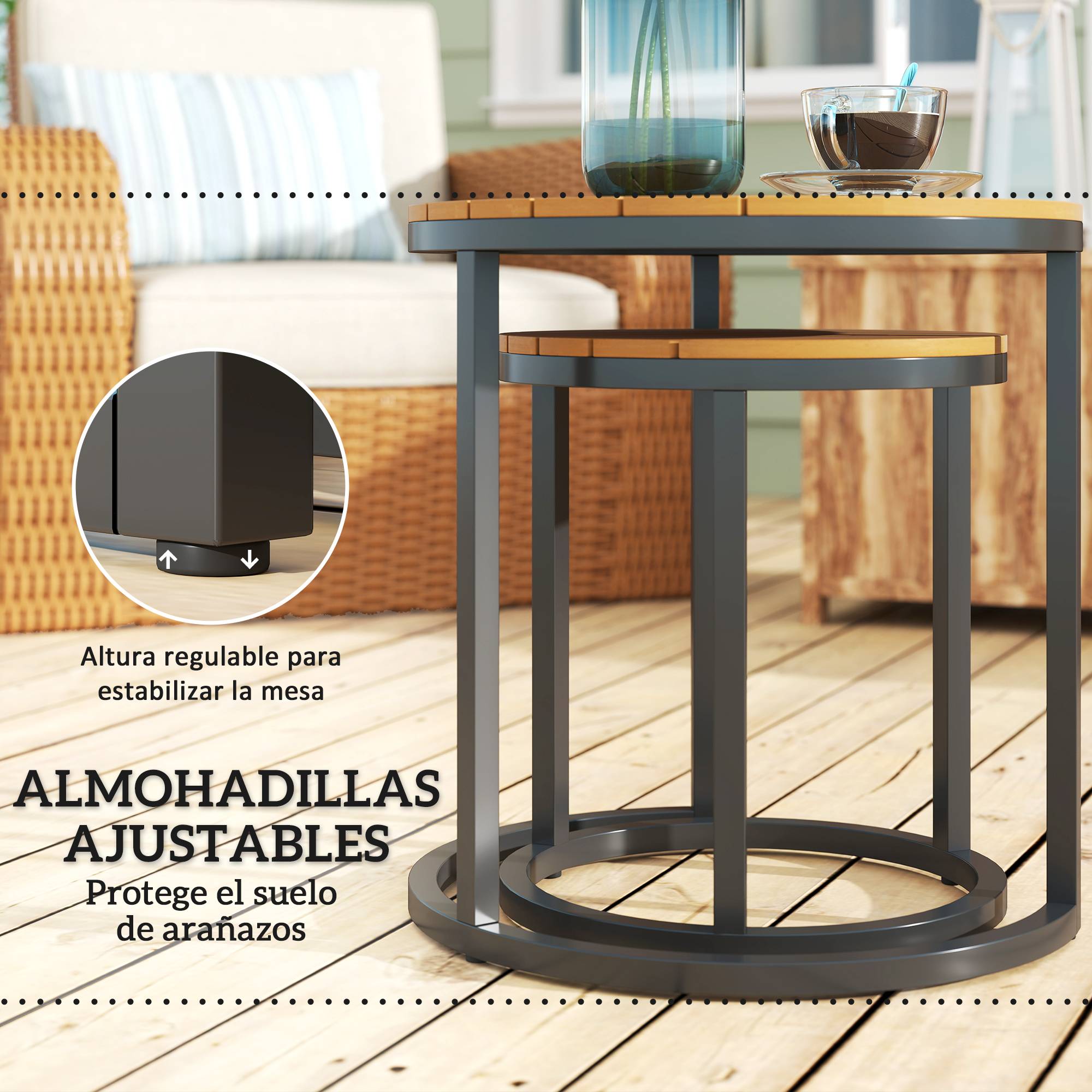 Lot de 2 tables d'appoint gigognes extérieur acier et bois d'acacia 46cm teck - ComfortXL Outdoor Living - Image 9