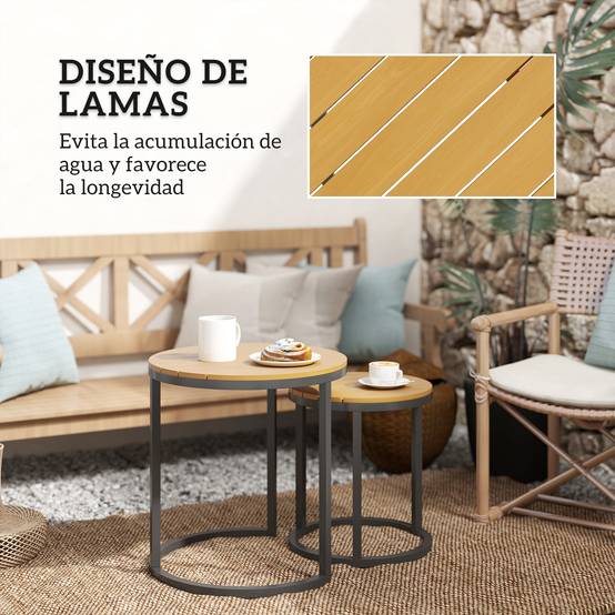 Lot de 2 tables d'appoint gigognes extérieur acier et bois d'acacia 46cm teck - ComfortXL Outdoor Living - Image 7