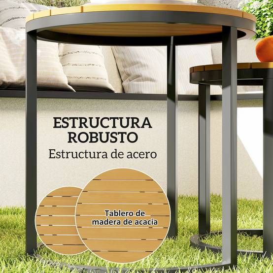 Lot de 2 tables d'appoint gigognes extérieur acier et bois d'acacia 46cm teck - ComfortXL Outdoor Living - Image 8