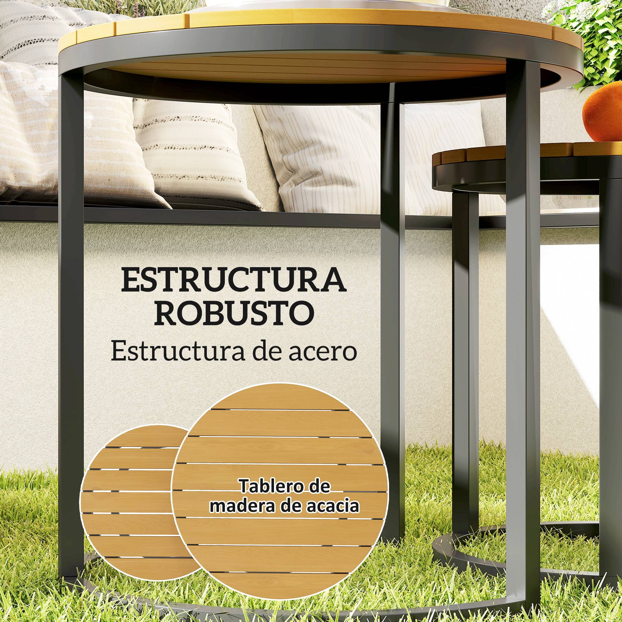 Lot de 2 tables d'appoint gigognes extérieur acier et bois d'acacia 46cm teck - ComfortXL Outdoor Living - Image 8