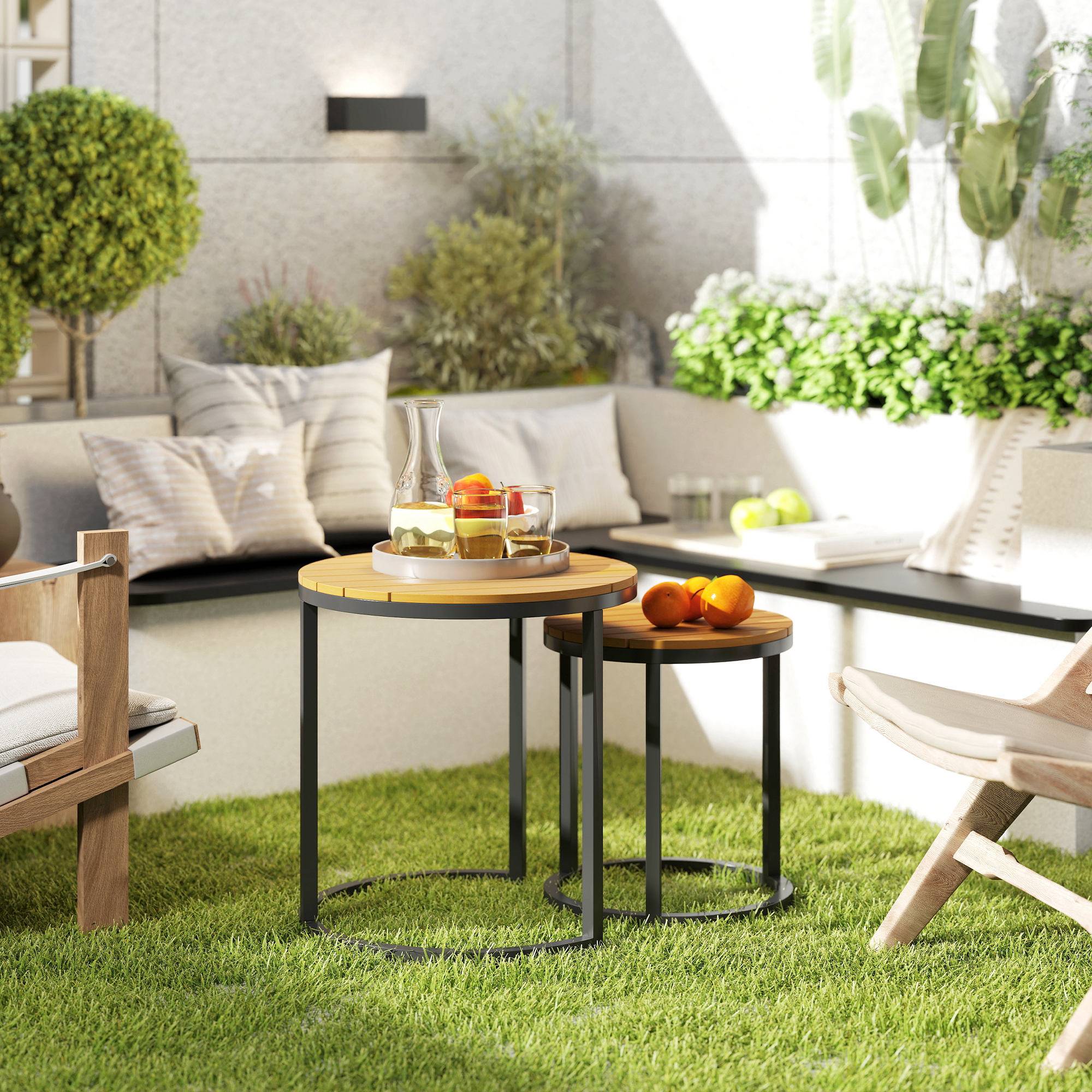 Lot de 2 tables d'appoint gigognes extérieur acier et bois d'acacia 46cm teck - ComfortXL Outdoor Living - Image 4