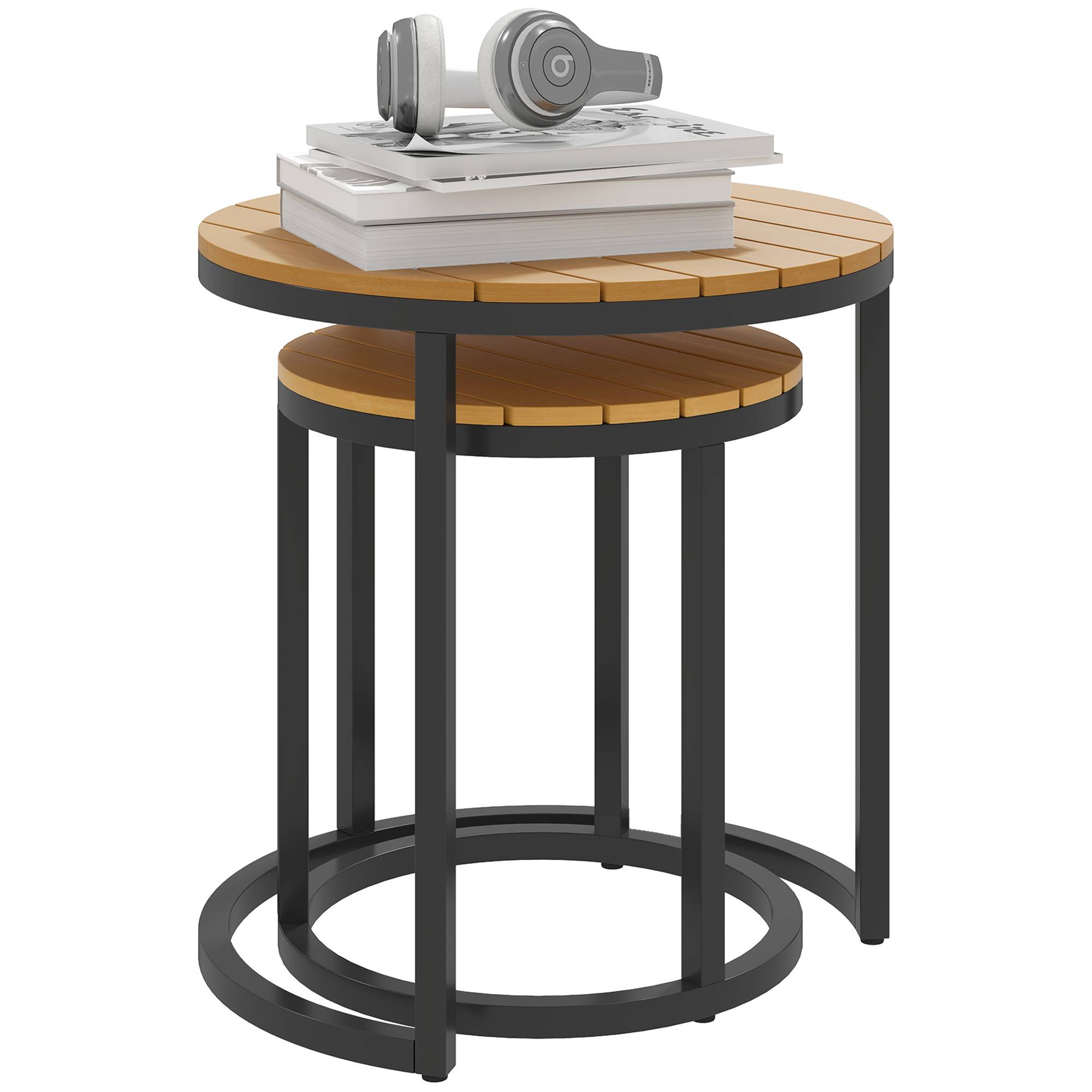 Lot de 2 tables d'appoint gigognes extérieur acier et bois d'acacia 46cm teck - ComfortXL Outdoor Living - Image 2
