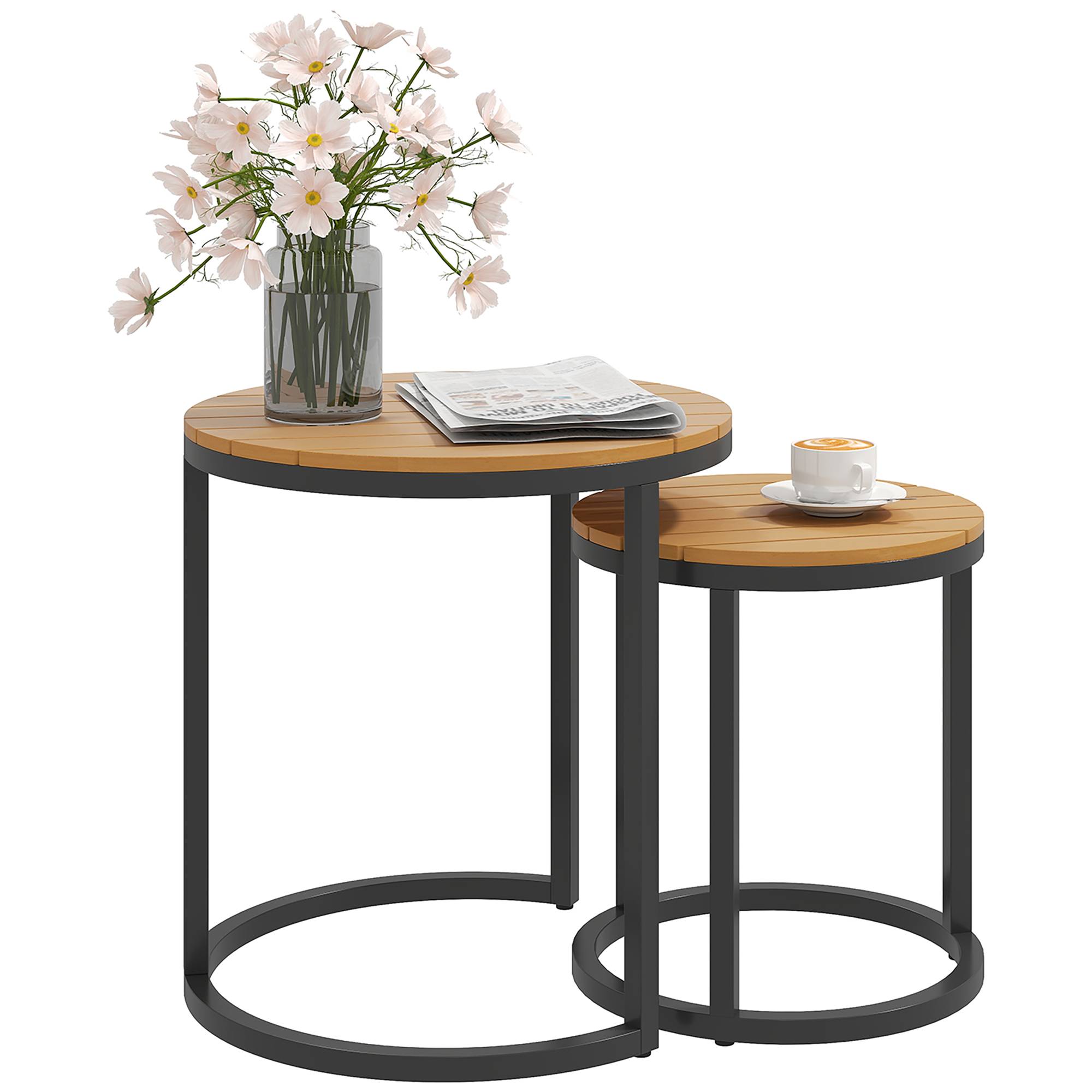 Lot de 2 tables d'appoint gigognes extérieur acier et bois d'acacia 46cm teck - ComfortXL Outdoor Living - Image 1