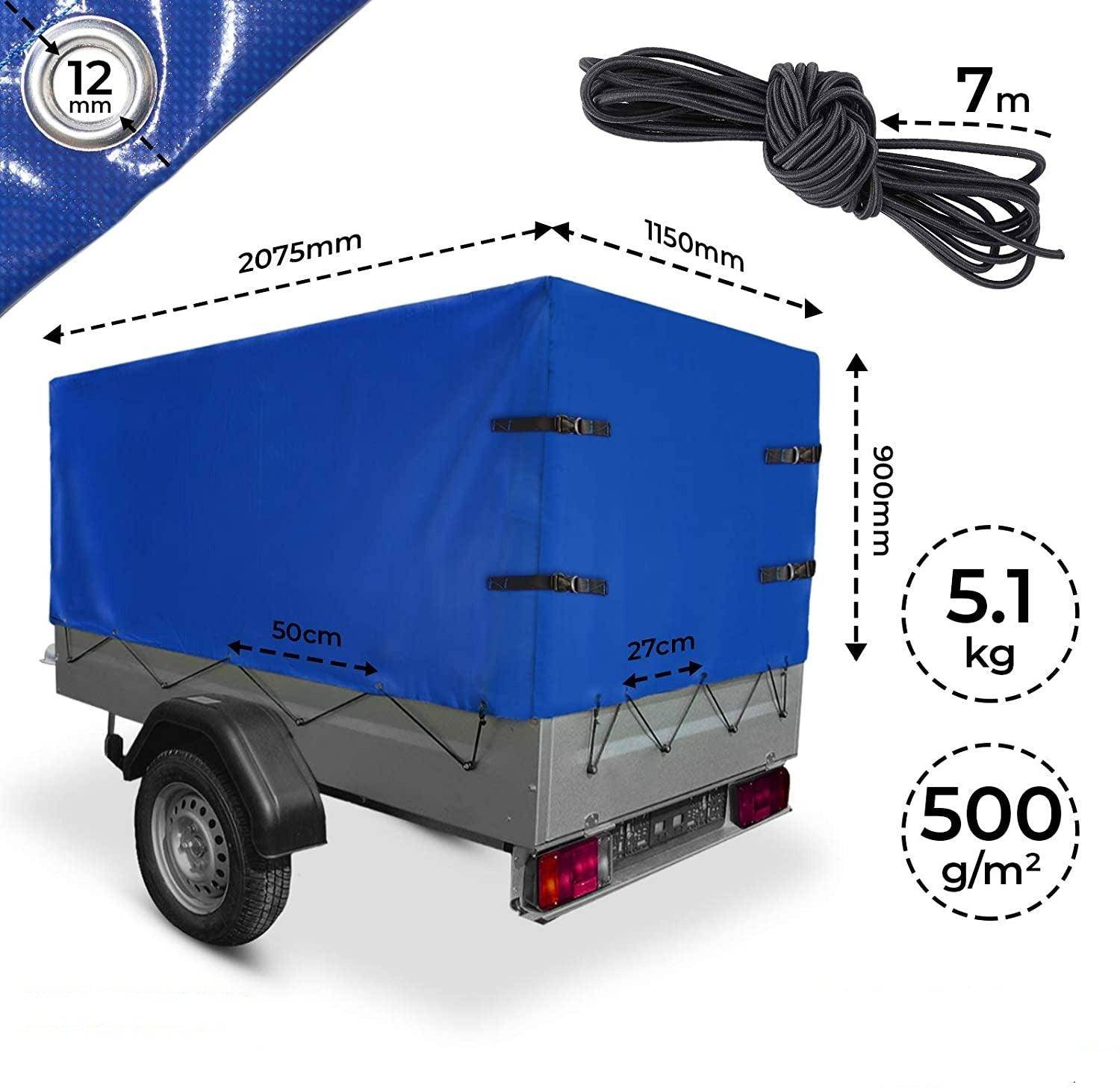 Helloshop26 - Bâche pour remorque 207 x 115 x 90 cm pvc 500 g m² avec œillets 4 sangles et corde élastique 7 m imperméable en bleu protection couverture étanche po - Imagen 1