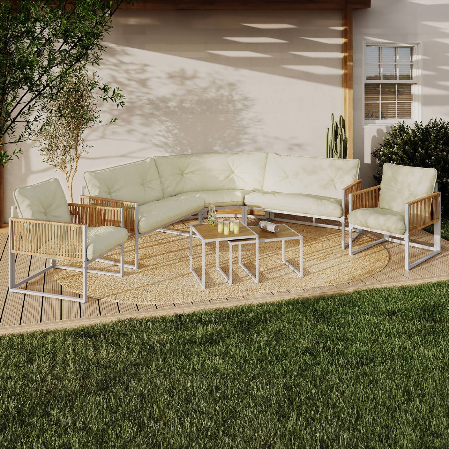 Salon de jardin bas RIO 8 places salon d'angle structure métal blanc et cordage effet rotin avec coussins beiges - Image 1