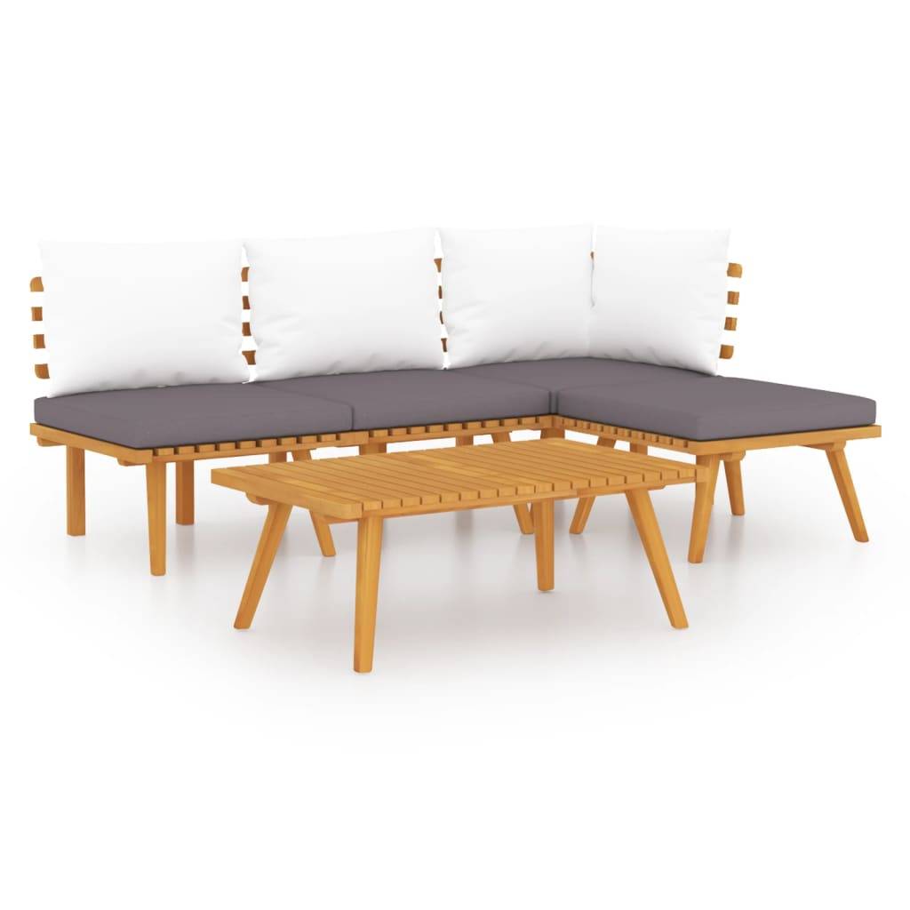 Salon de Jardin 5p Bois d'Acacia Design à Lattes Coussins Gris et Blanc – ComfortXL Outdoor Living - Image 2
