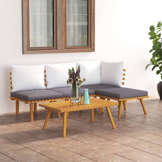 Salon de Jardin 5p Bois d'Acacia Design à Lattes Coussins Gris et Blanc – ComfortXL Outdoor Living - Image 1