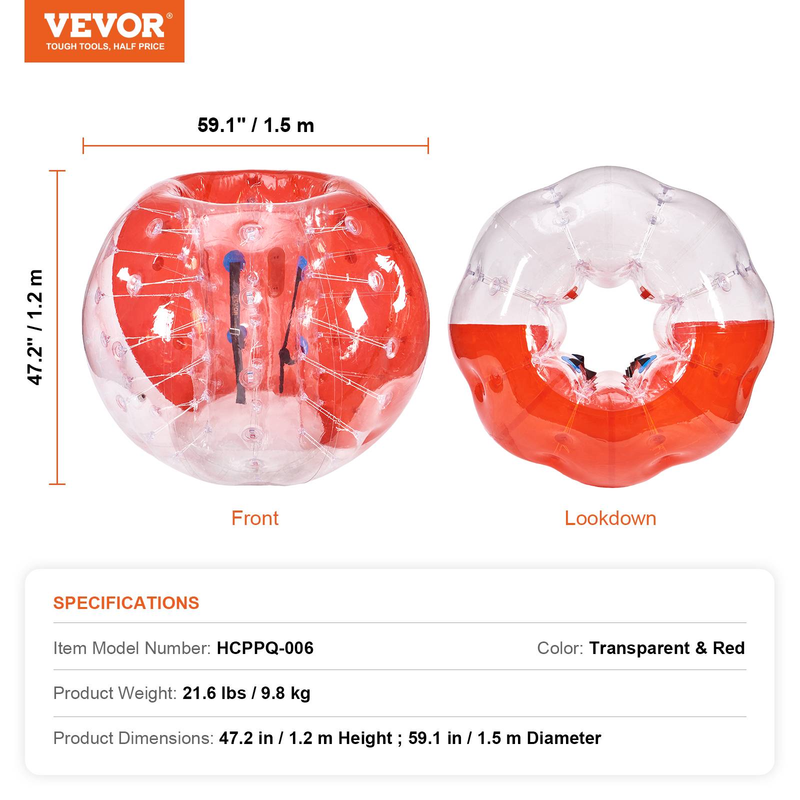 Vevor - VEVOR Bulle gonflable 1.5m diamètre PVC 0.8mm, pour jeux plein air adolescents/adultes, rouge et transparent. - Image 7