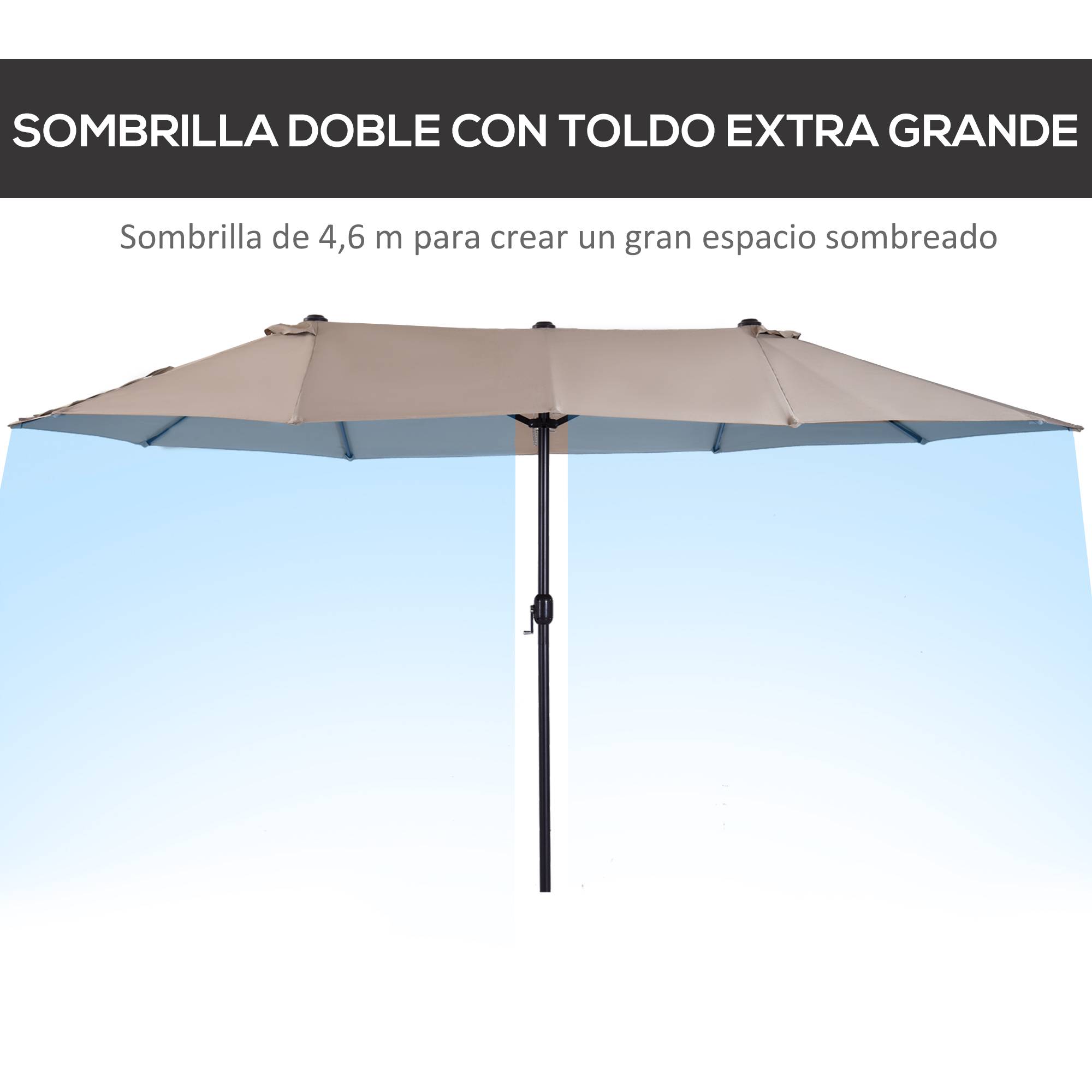 Parasol double de jardin 455 x 265 x 238 cm, grand parasol à manivelle, protection solaire, couleur café - Image 6
