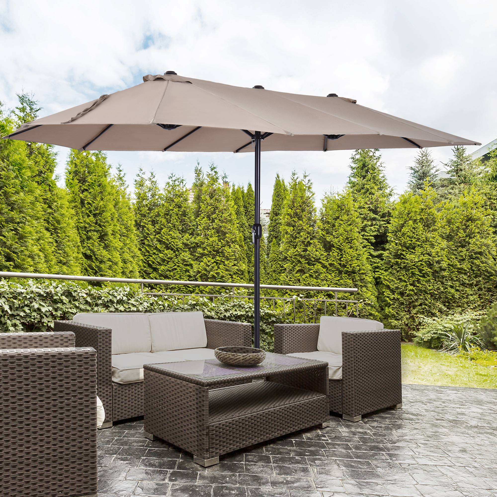 Parasol double de jardin 455 x 265 x 238 cm, grand parasol à manivelle, protection solaire, couleur café - Image 4