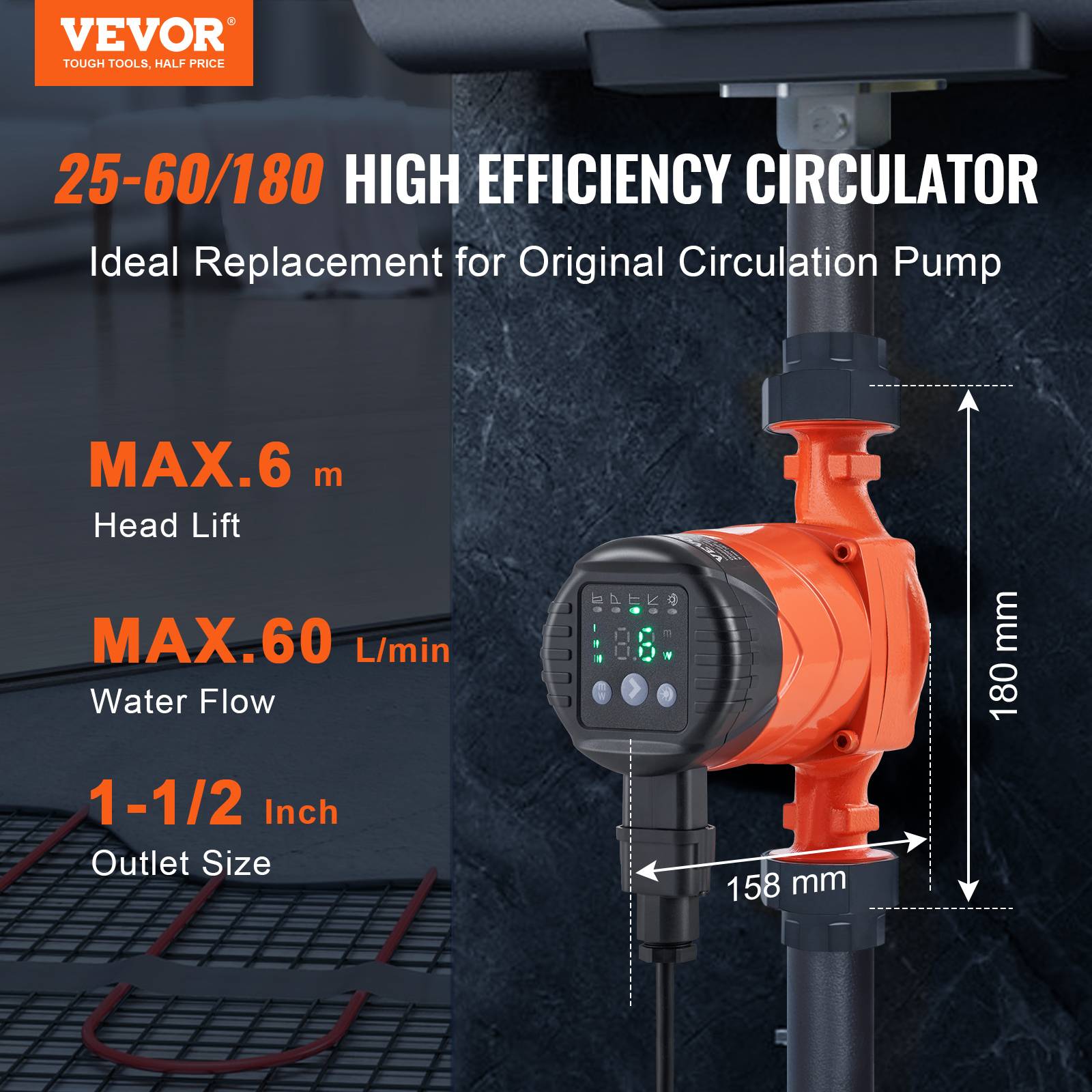 VEVOR Pompe circulation eau chaude LPS25-6BP-180, 60 L/min, 220V 45W, hauteur 6m, pour système chauffe-eau. - Image 2