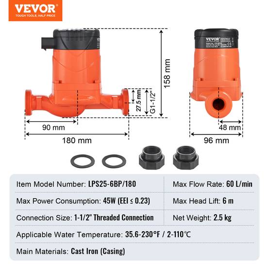 VEVOR Pompe circulation eau chaude LPS25-6BP-180, 60 L/min, 220V 45W, hauteur 6m, pour système chauffe-eau. - Image 7