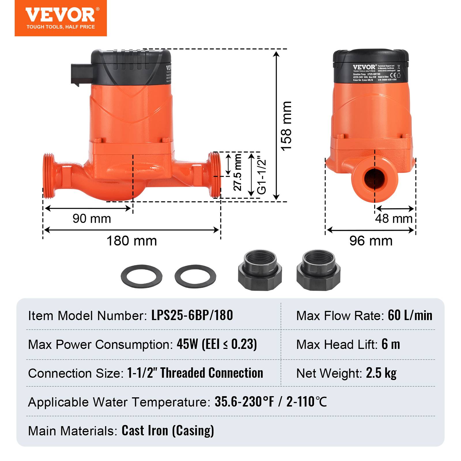 VEVOR Pompe circulation eau chaude LPS25-6BP-180, 60 L/min, 220V 45W, hauteur 6m, pour système chauffe-eau. - Image 7