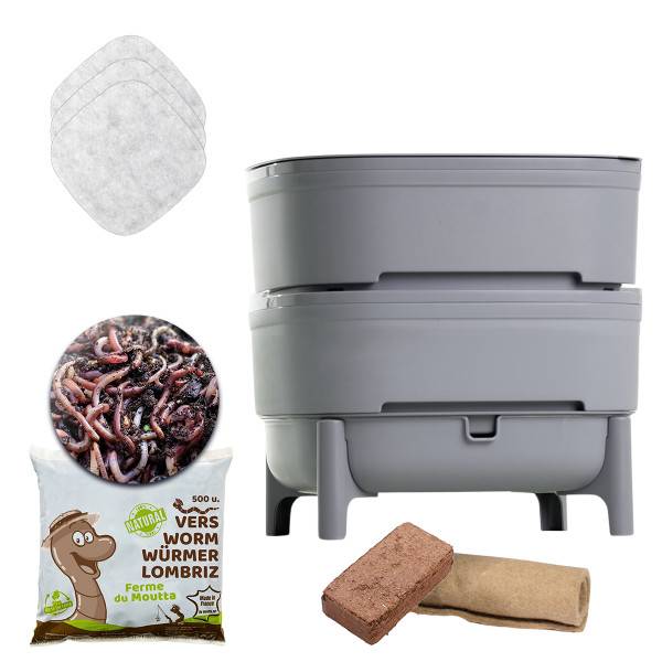 Ferme Du Moutta - WORMcube Gris Design & Compact I Lombricomposteur 2 plateaux + 250gr de Vers - Imagen 1