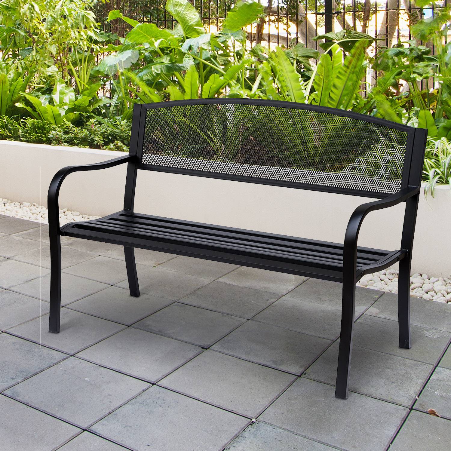 Outsunny - Banc 3 places de jardin terrasse style contemporain 127L x 60l x 87H cm métal époxy anticorrosion noir - Outsunny - Imagen 2