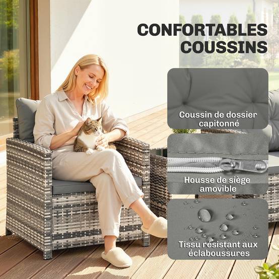 Salon de Jardin 3 Pièces Résine Tressée Balcon Terrasse Table 2 Fauteuils Gris Clair - ComfortXL Outdoor Living - Image 8