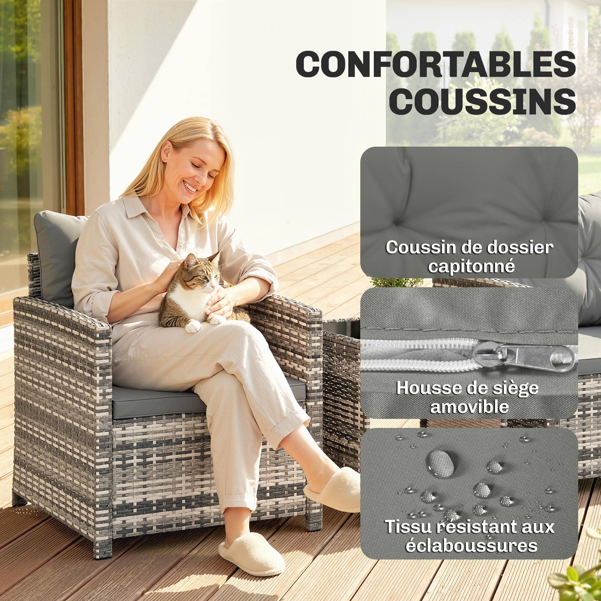 Salon de Jardin 3 Pièces Résine Tressée Balcon Terrasse Table 2 Fauteuils Gris Clair - ComfortXL Outdoor Living - Image 8
