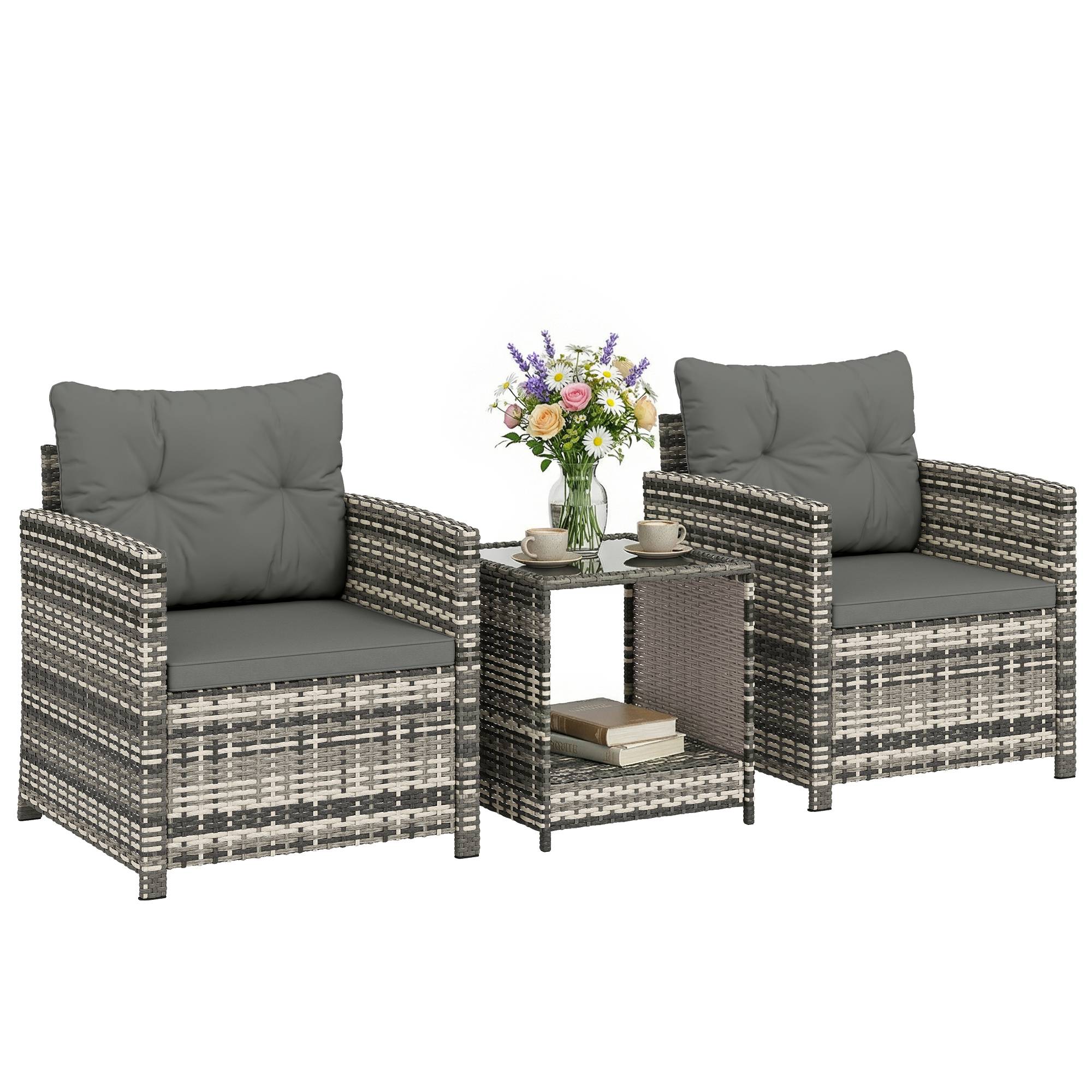 Salon de Jardin 3 Pièces Résine Tressée Balcon Terrasse Table 2 Fauteuils Gris Clair - ComfortXL Outdoor Living - Image 1
