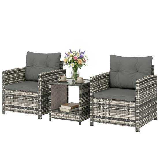 Salon de Jardin 3 Pièces Résine Tressée Balcon Terrasse Table 2 Fauteuils Gris Clair - ComfortXL Outdoor Living - Image 2