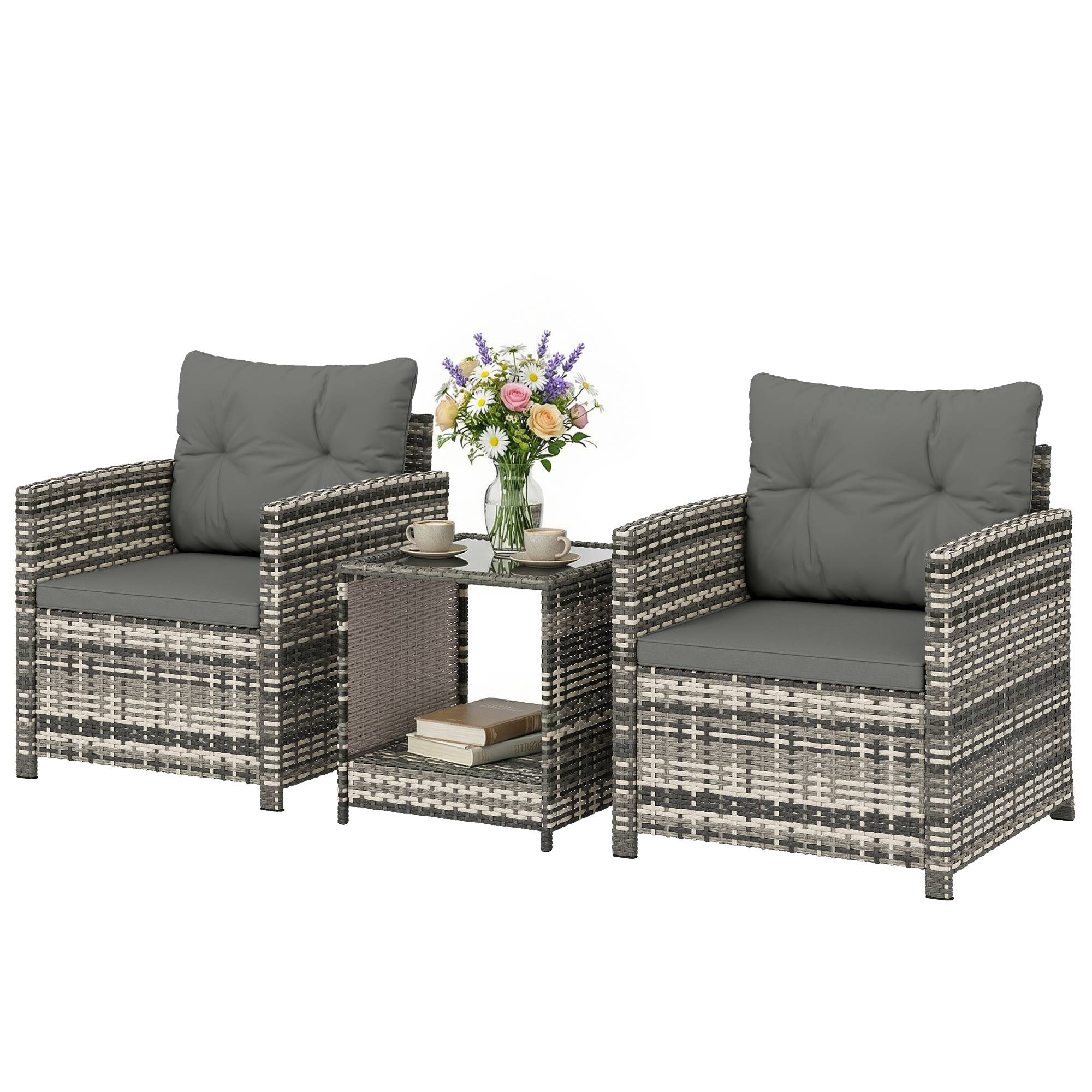 Salon de Jardin 3 Pièces Résine Tressée Balcon Terrasse Table 2 Fauteuils Gris Clair - ComfortXL Outdoor Living - Image 2