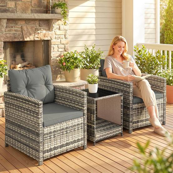 Salon de Jardin 3 Pièces Résine Tressée Balcon Terrasse Table 2 Fauteuils Gris Clair - ComfortXL Outdoor Living - Image 3