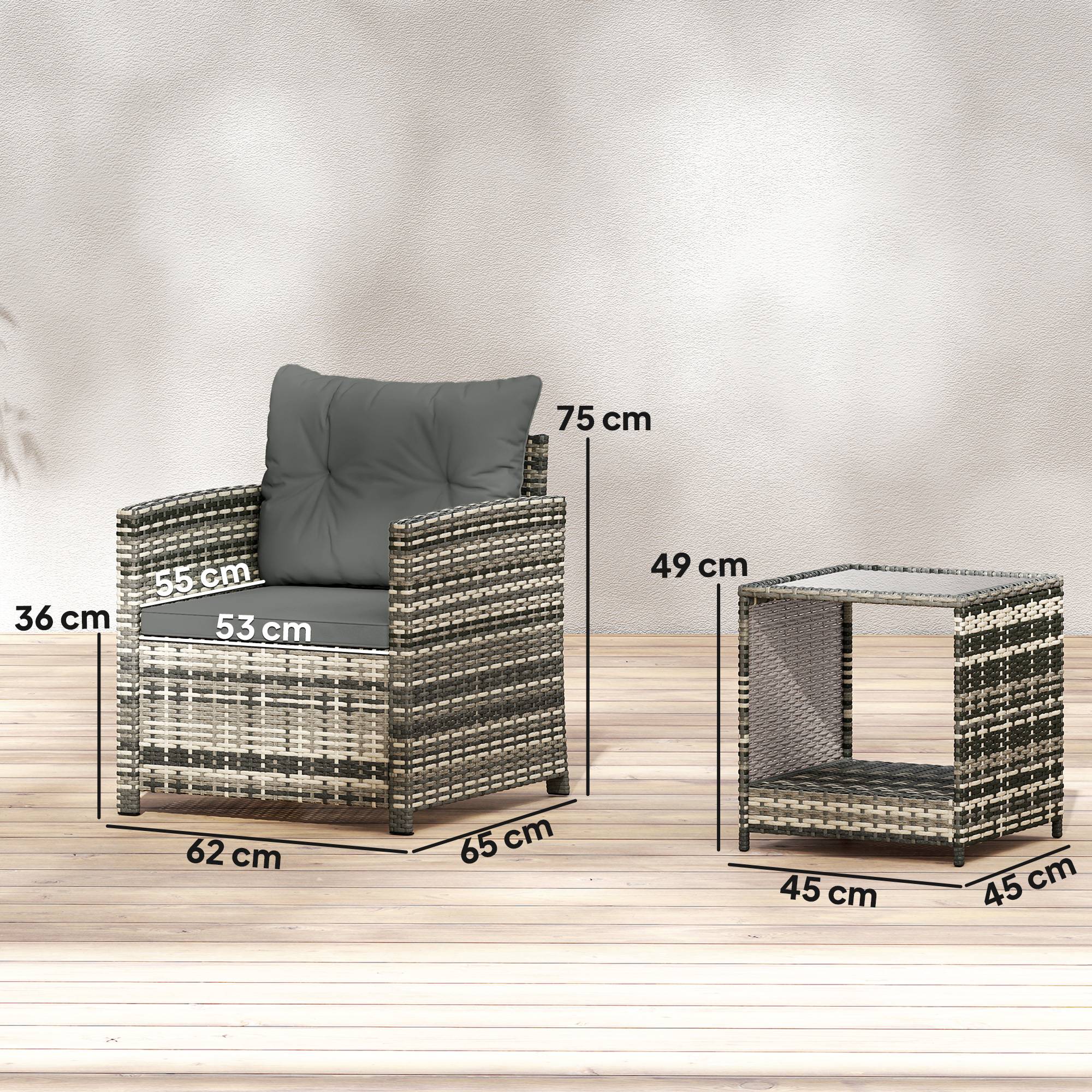 Salon de Jardin 3 Pièces Résine Tressée Balcon Terrasse Table 2 Fauteuils Gris Clair - ComfortXL Outdoor Living - Image 5