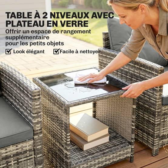 Salon de Jardin 3 Pièces Résine Tressée Balcon Terrasse Table 2 Fauteuils Gris Clair - ComfortXL Outdoor Living - Image 9