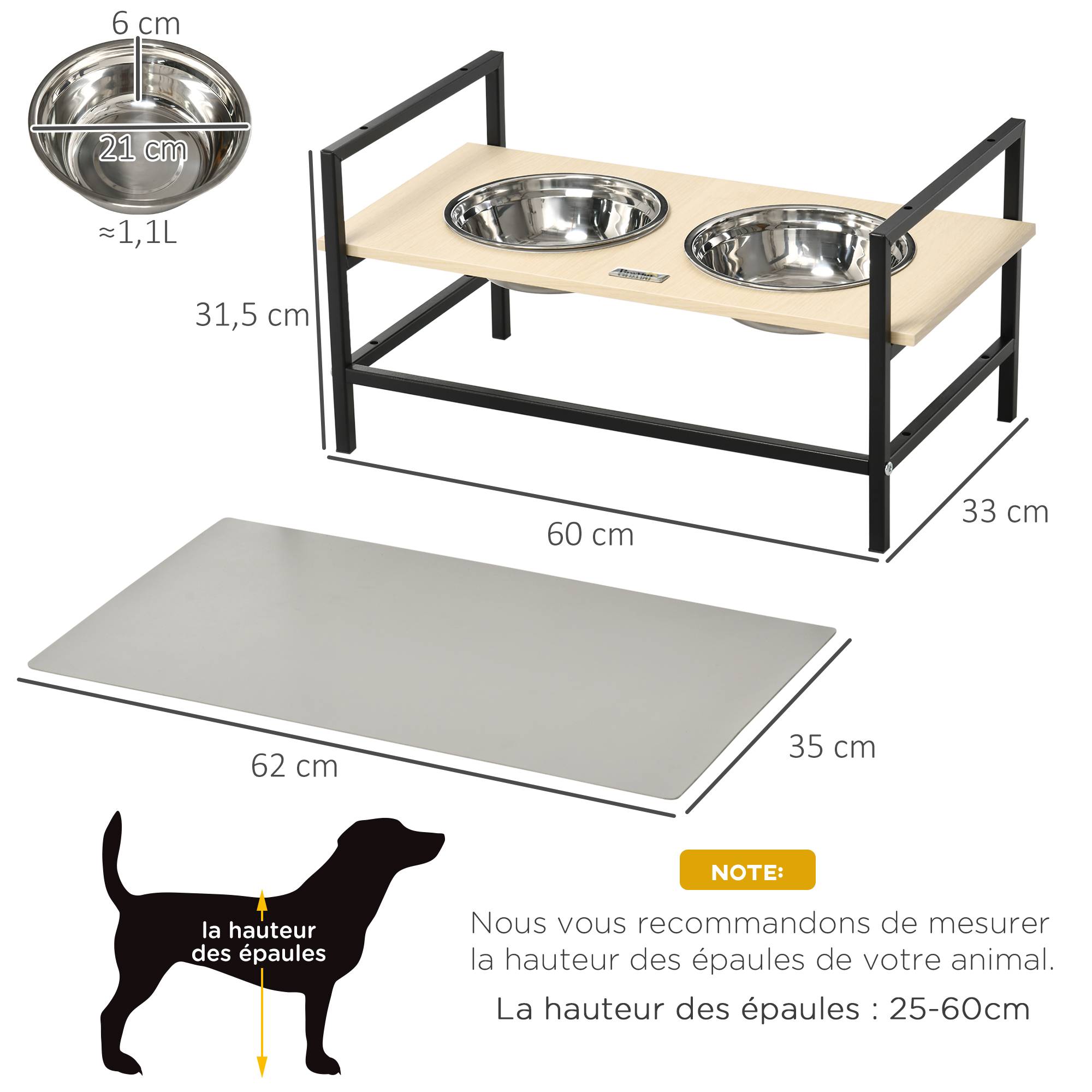 Gamelle chien surélevée double porte-gamelle avec 2 bols amovibles en acier, hauteur réglable 11/21,5/32 cm et 1 tapis - Image 5