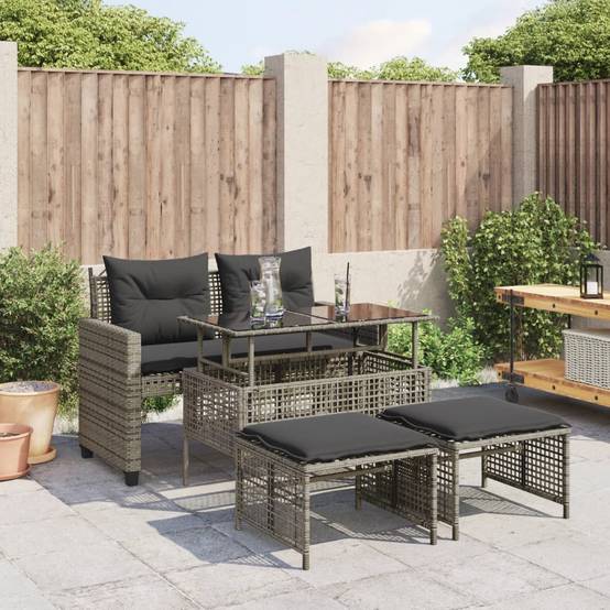 Salon de Jardin 4 Personnes Résine Tressée avec Table Relevable et Banc pour Terrasse Gris – ComfortXL Outdoor Living - Image 1