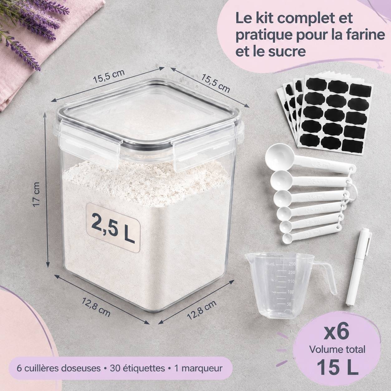 Set de 6 Boîtes Alimentaires Hermétiques 2,5 L pour Farine et Sucre - Image 3