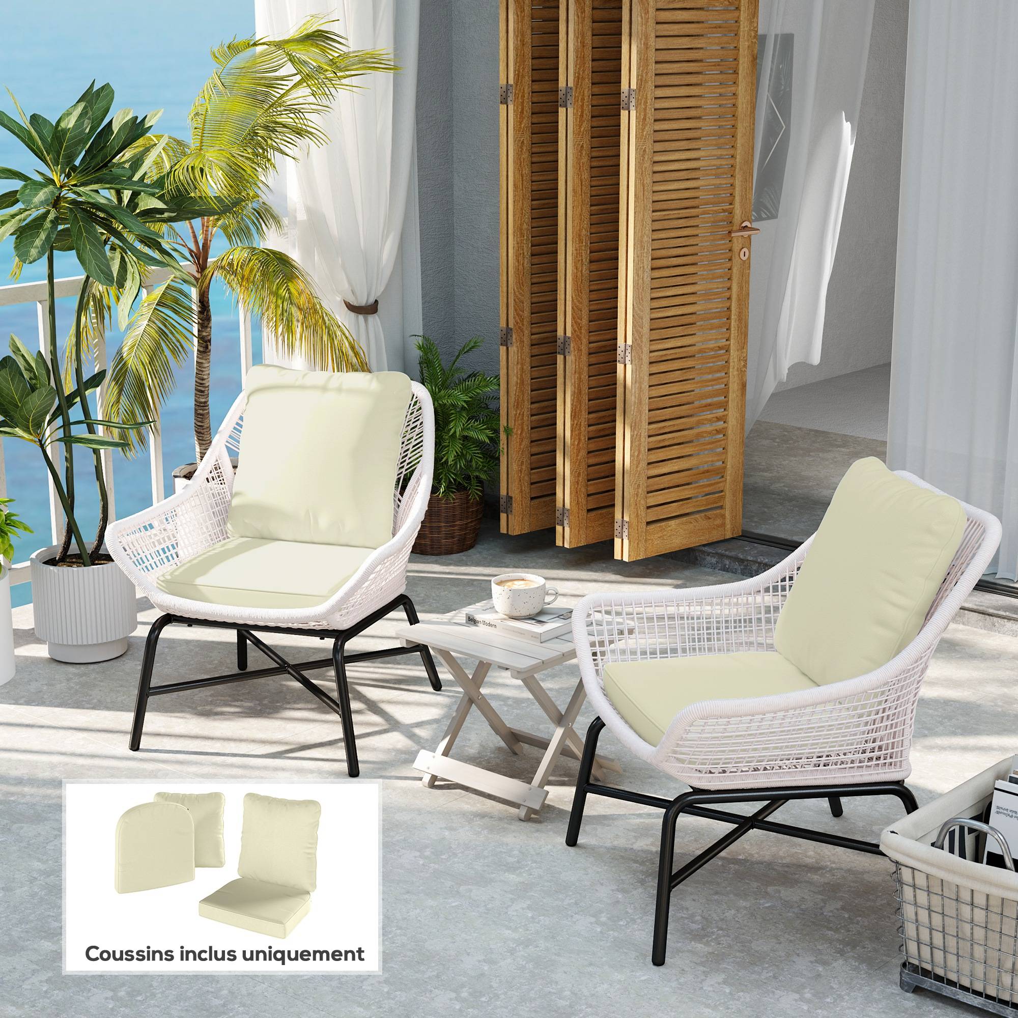 Ensemble de 2 coussins d'assise avec dossier, coussin d'assise et de dossier extérieur et intérieur, crème - Image 4