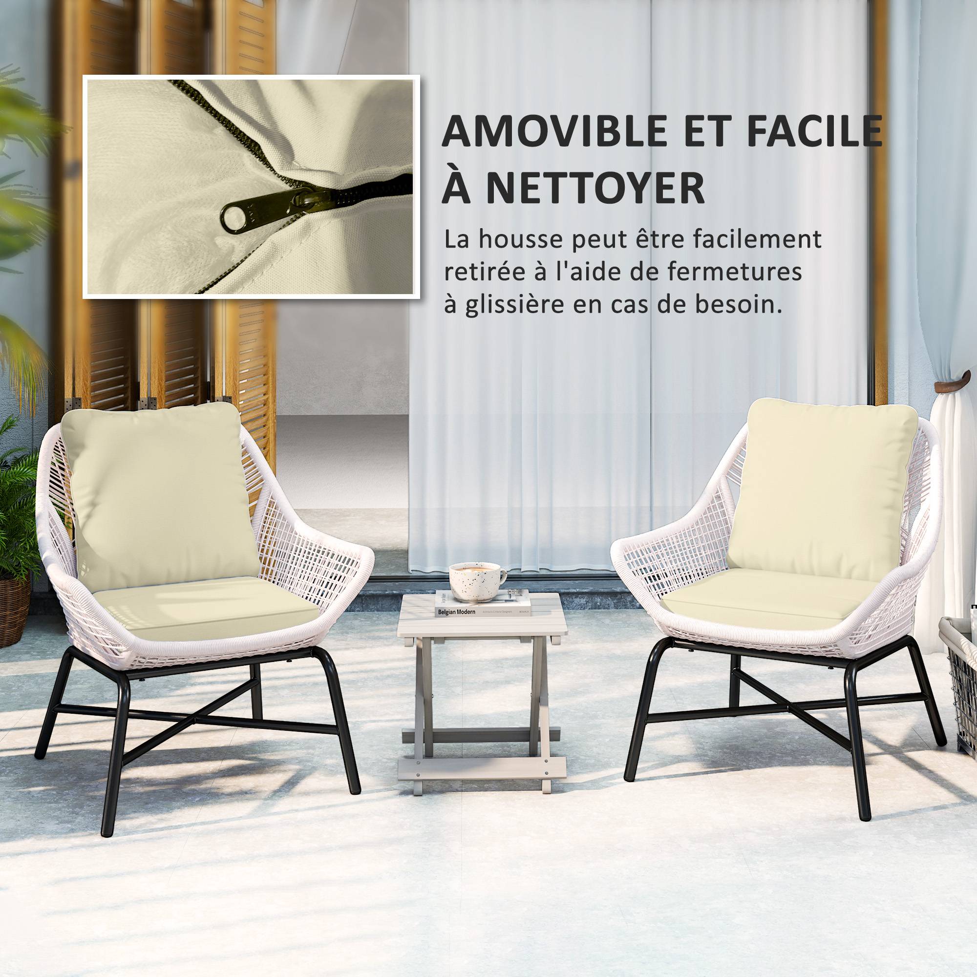 Ensemble de 2 coussins d'assise avec dossier, coussin d'assise et de dossier extérieur et intérieur, crème - Image 8