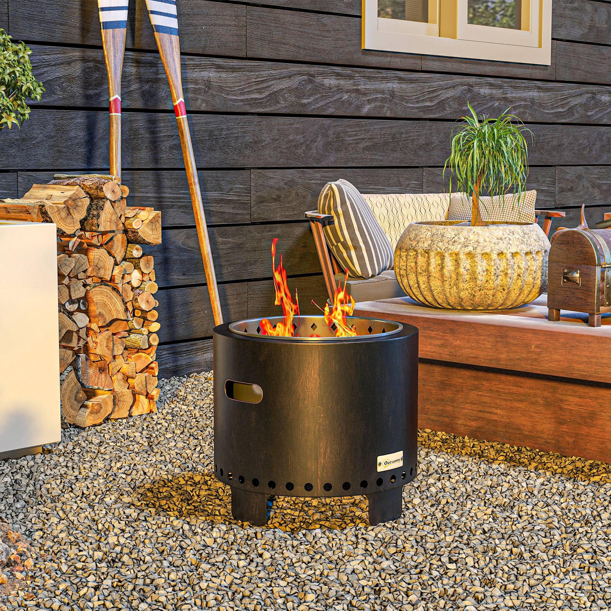Brasero extérieur métal jardin camping combustion sans fumée poignées Ø45cm noir - ComfortXL Outdoor Living - Image 1