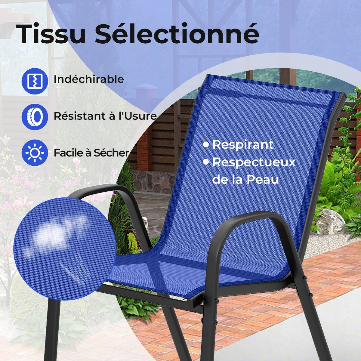 Ensemble de Bistrot de Jardin 3 Pièces Table Ronde avec 2 Chaises Empilables Mobilier de Conversation Bleu MAISON CHIC - Image 7